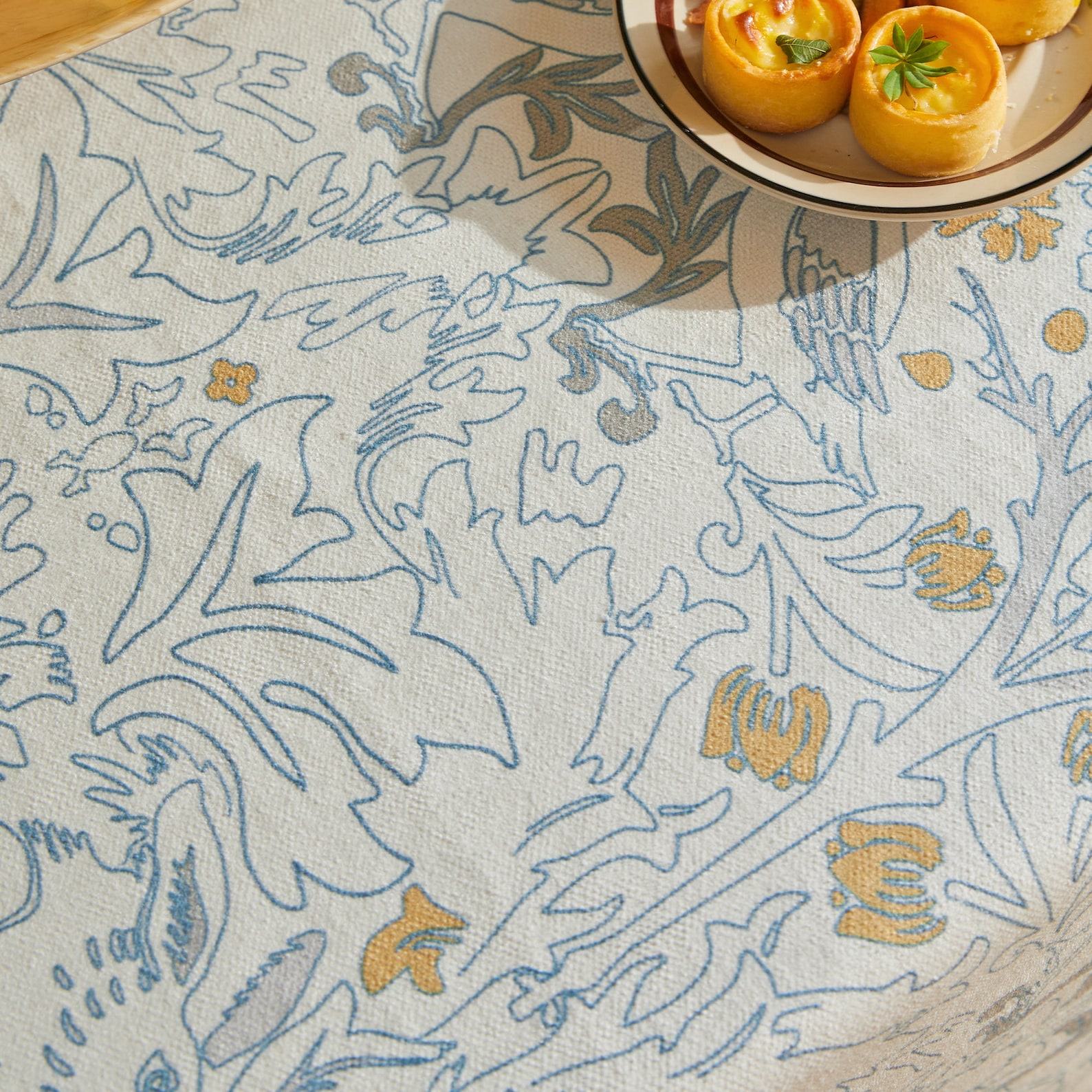 William Morris Blue Hand-Drawn Minimalist Forest Tablecloth Elevate Your Dining Experience with Rustic Charm