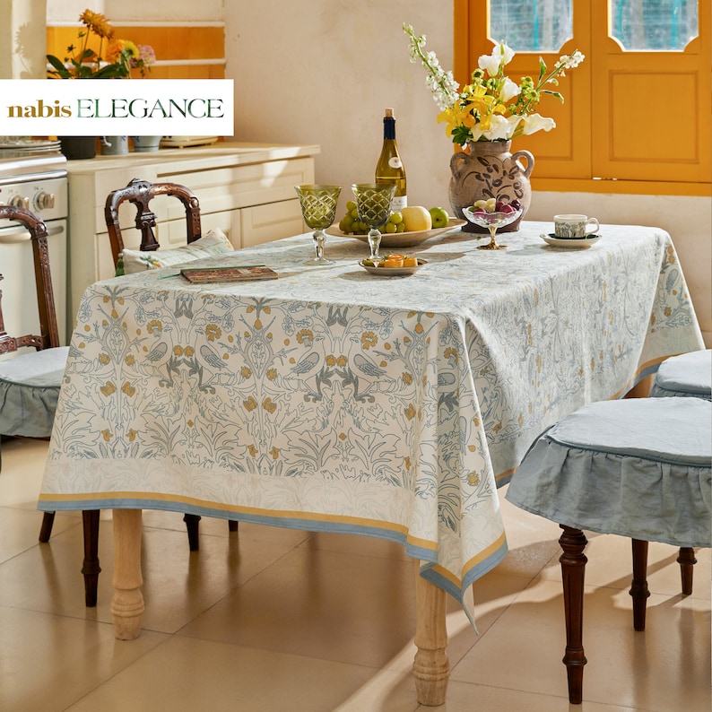 William Morris Blue Hand-Drawn Minimalist Forest Tablecloth Elevate Your Dining Experience with Rustic Charm