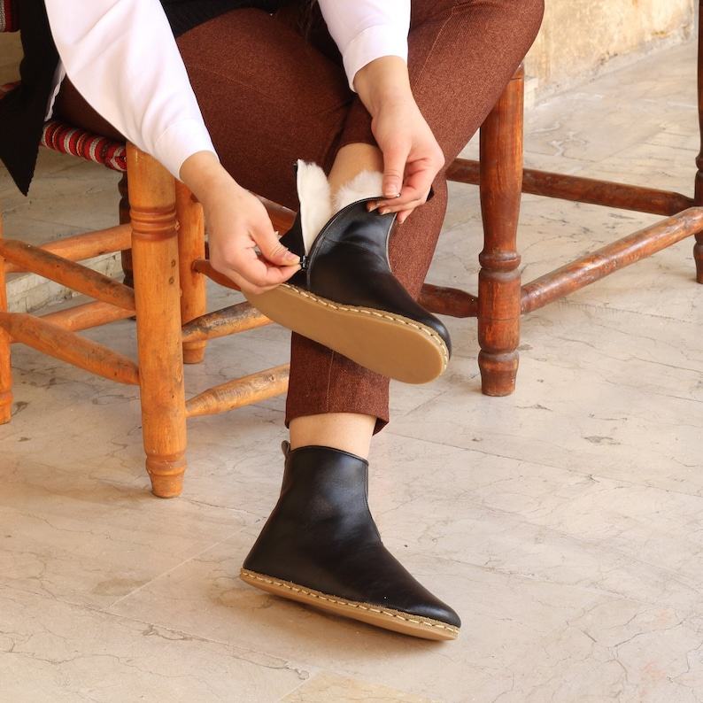 Women’s Shearling Barefoot Boots  Black Fur Ankle Booties | Sheepskin Grounding Comfort