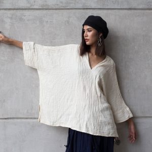 Women’s V-Neck Kaftan Breezy Summer Style in Natural Cotton