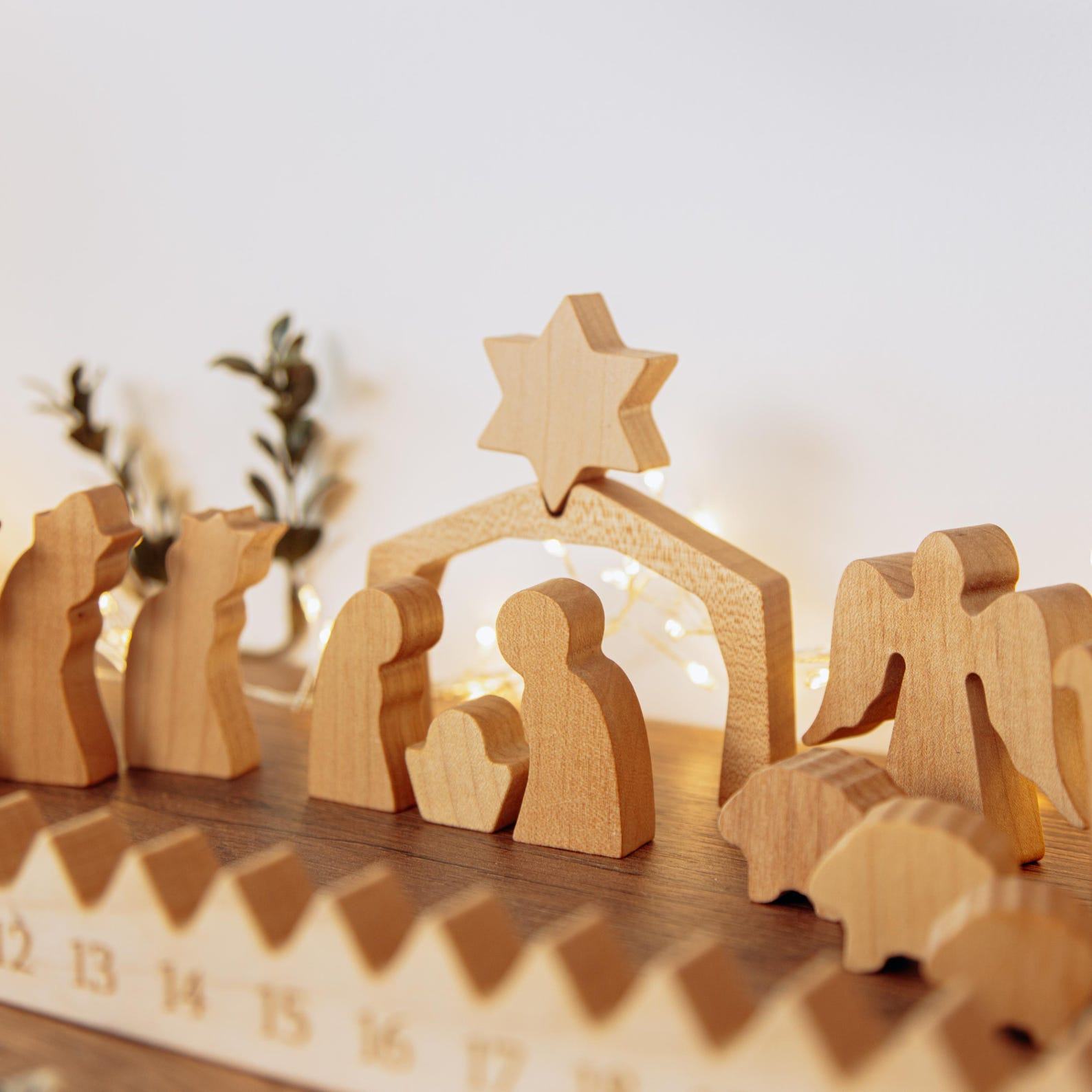 Wooden Advent Calendar 2024  Nativity Scene, Star Ornaments & Activity Cards – Christmas Countdown Fun!