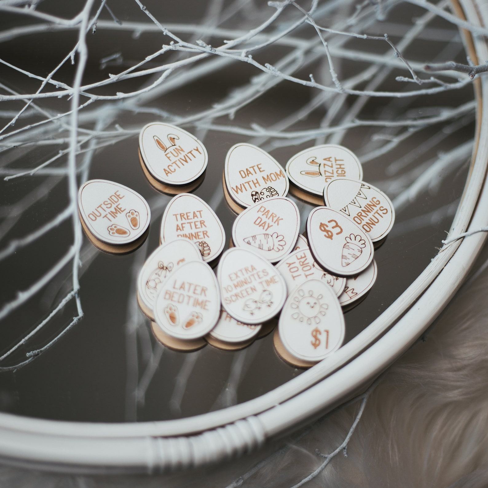 Wooden Easter Tokens  Egg Hunt Game & Reward Set – Family Fun, Stuffer Ideas