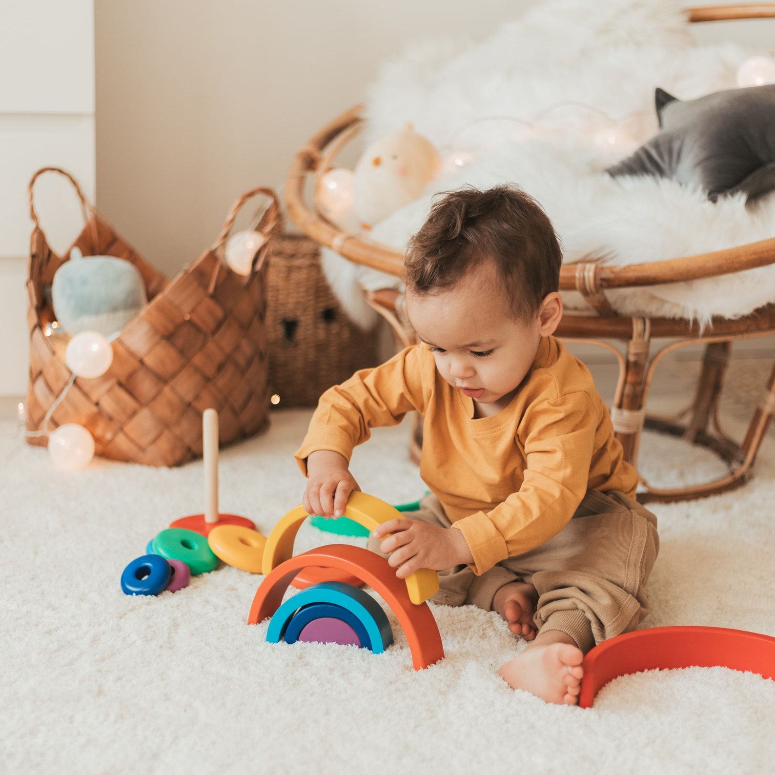 Wooden Rainbow Stacker – Montessori Toy Pyramid for Baby Girl, Personalized Easter Present