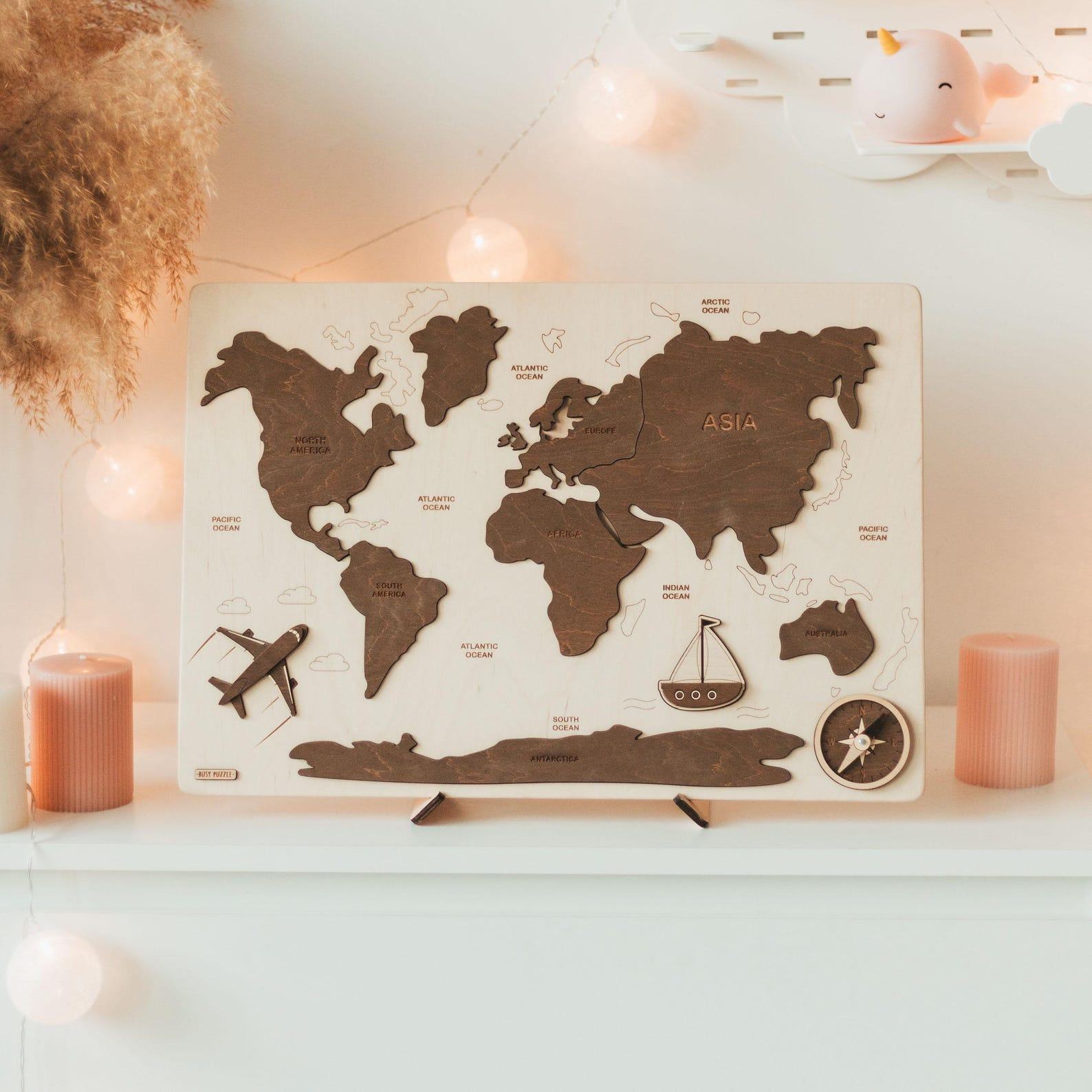 Wooden World Map Puzzle for Toddlers – Educational Montessori Toy, Nursery Decor & Baby Present
