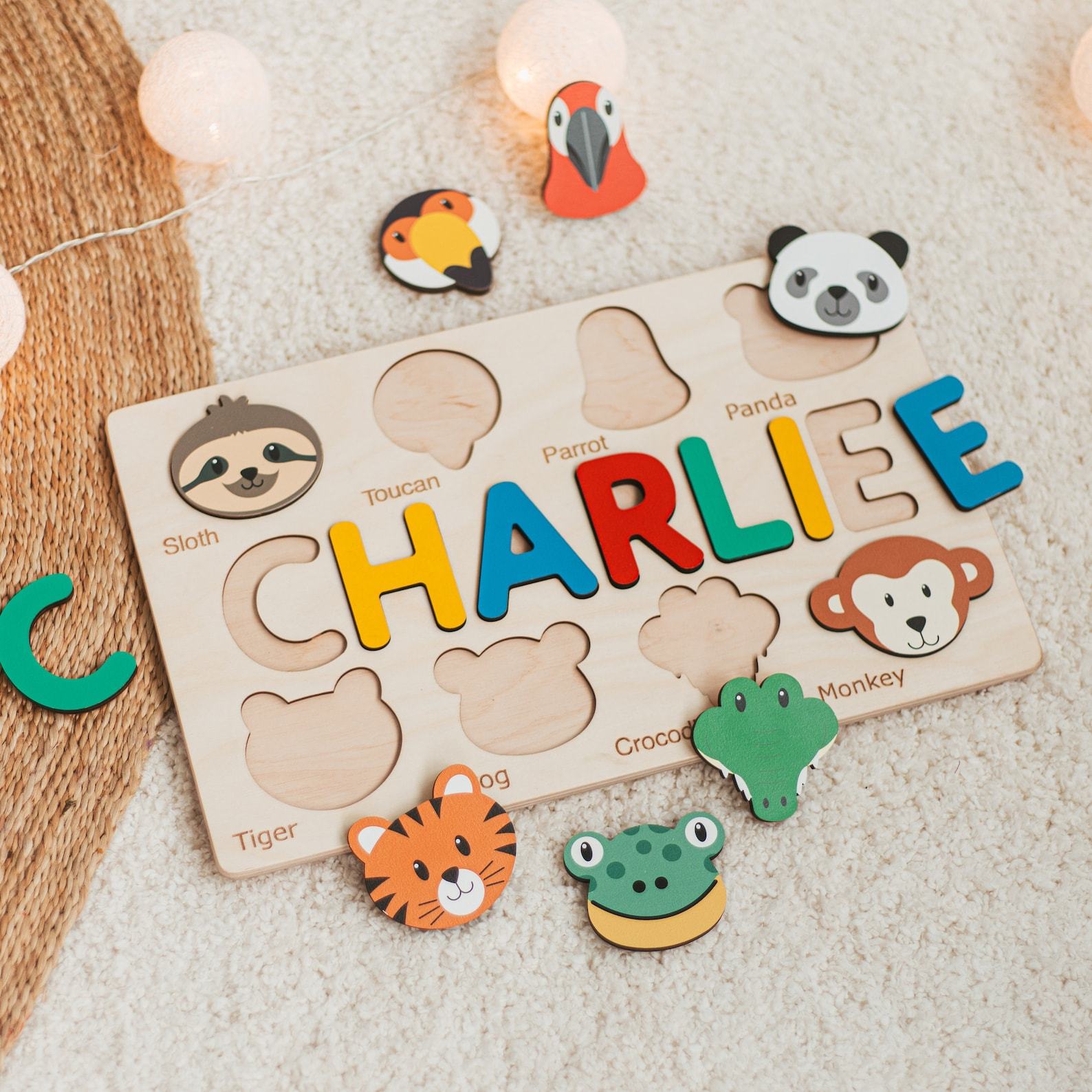 Woodland Animal Name Puzzle Educational Montessori Toy for Toddlers and Baby Shower Item