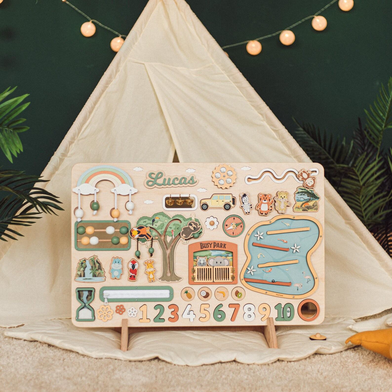 Woodland Busy Board for Toddlers with Stand – Montessori Sensory Toy | Easter Present & Nursery Decor