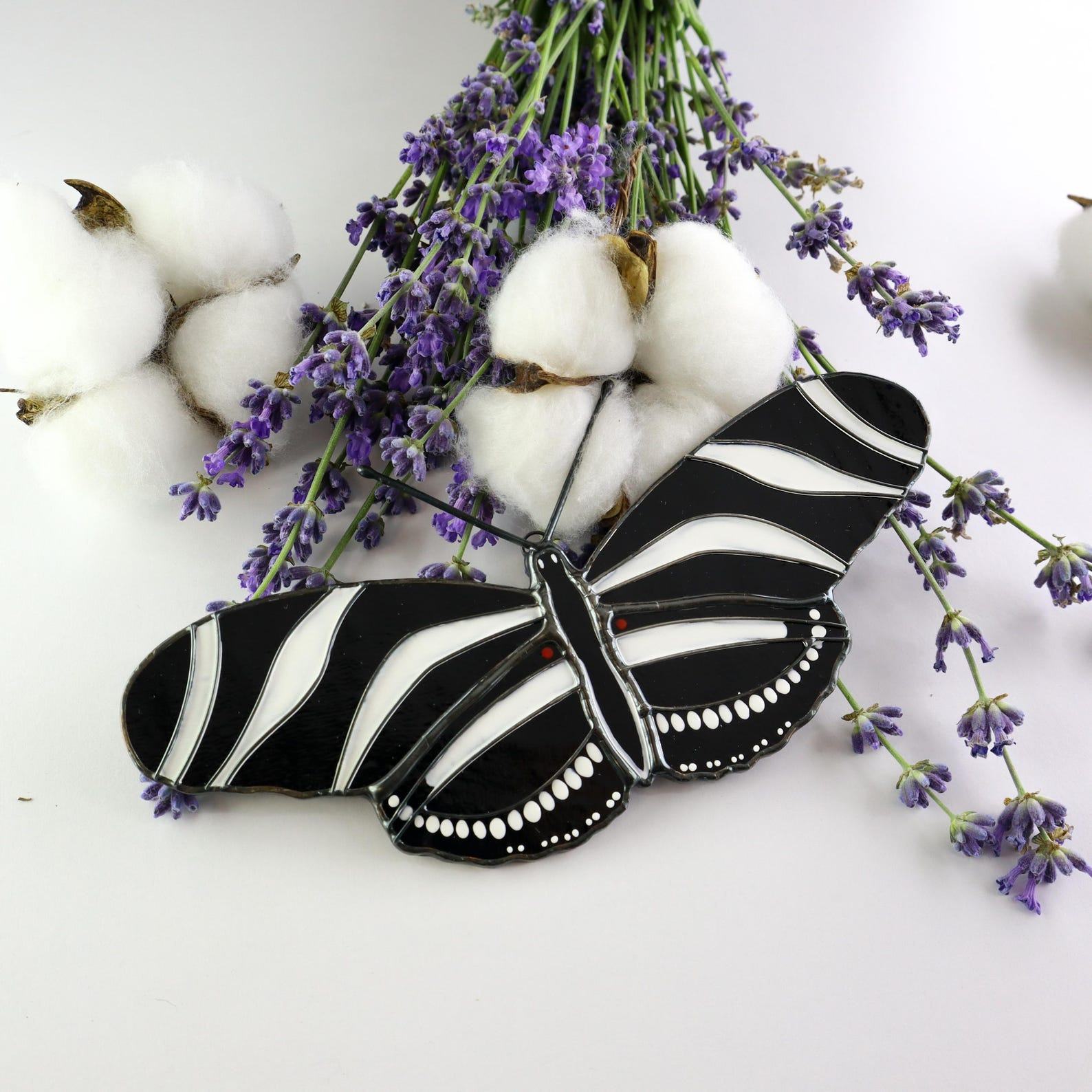 Zebra Longwing Suncatcher – Stained Glass Butterfly Window Hanging – Handmade Present for Mom – Modern Home Decor