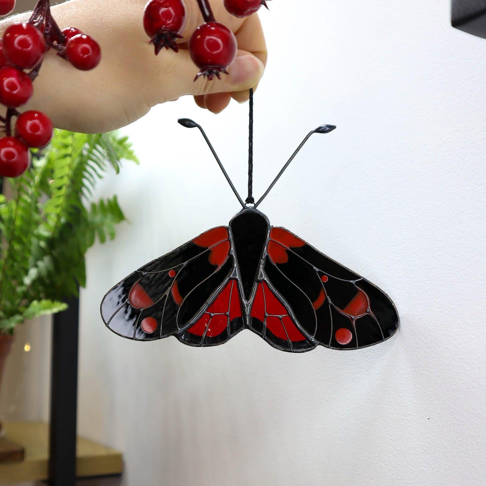 Zygaena Butterfly Suncatcher – Stained Glass Ornament, Handmade Holiday Decor & Garden Art